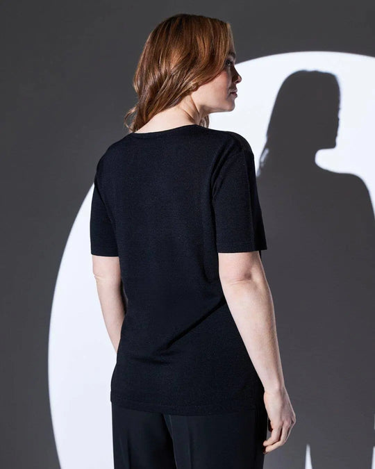 Maglia a maniche corte in filato di misto viscosa con carré in tulle NERO DORABELLA PIU'