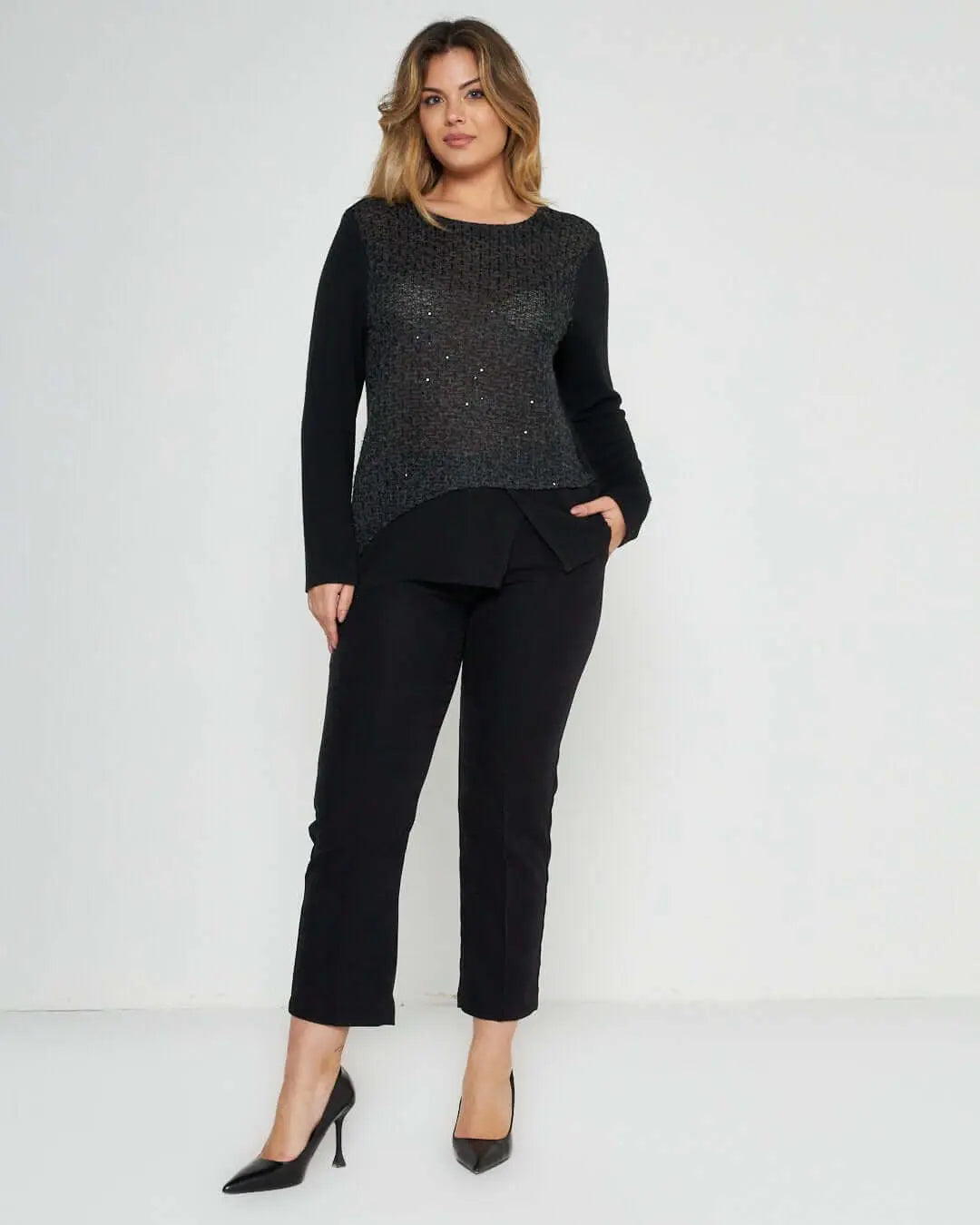 Maglia bimateriale NERO-GRIGIO DORABELLA