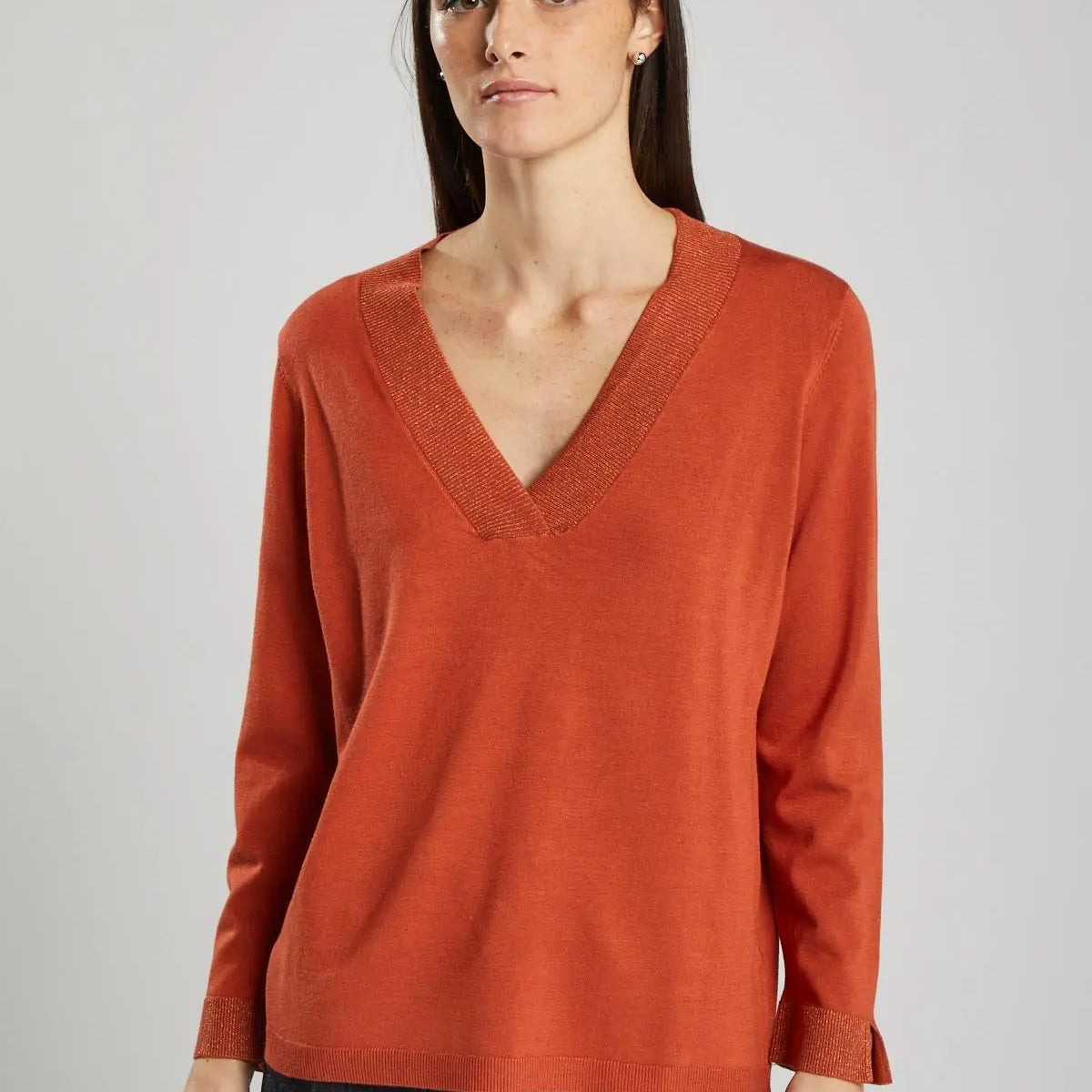 Maglia con scollo a V in lurex ARANCIO IRONICA