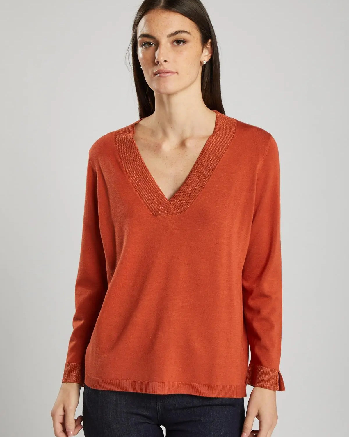 Maglia con scollo a V in lurex ARANCIO IRONICA