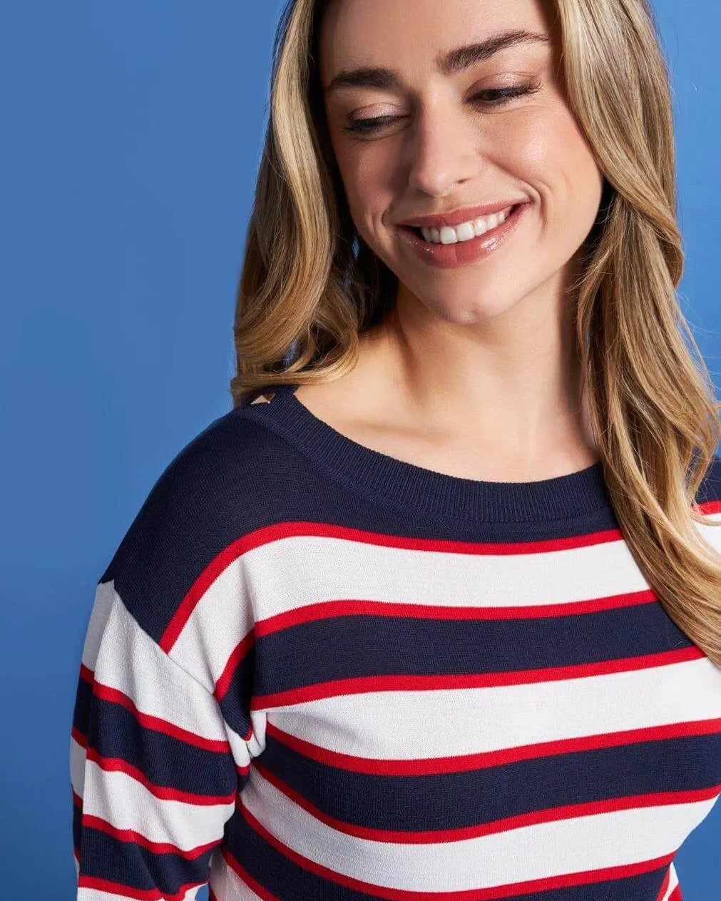 Maglia con scollo a barca in filato di misto viscosa a righe con borchie BLU DORABELLA