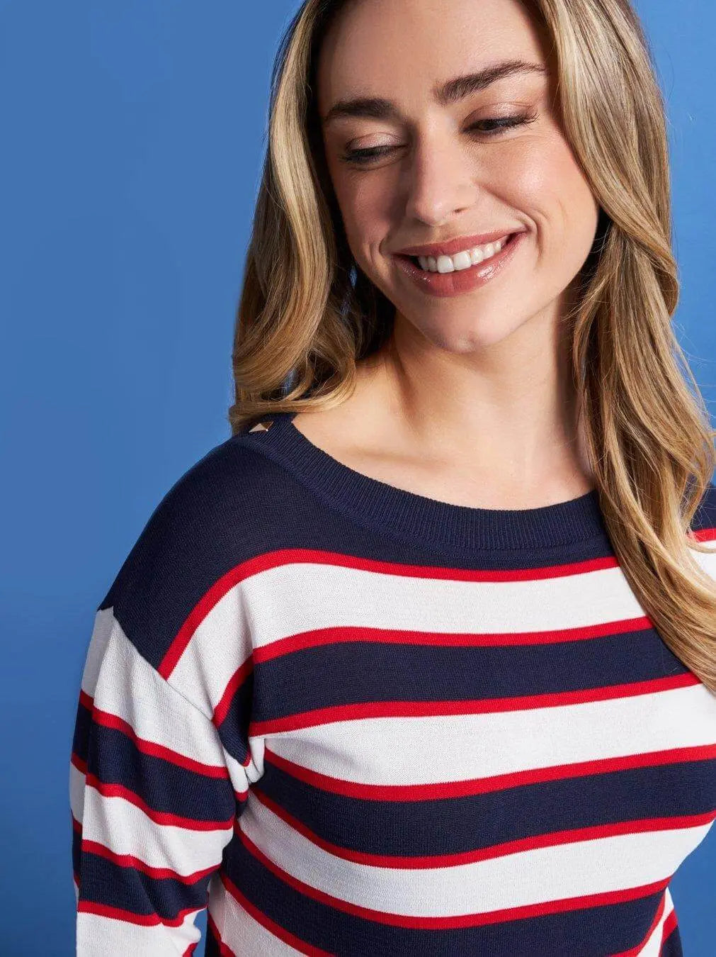 Maglia con scollo a barca in filato di misto viscosa a righe con borchie BLU DORABELLA