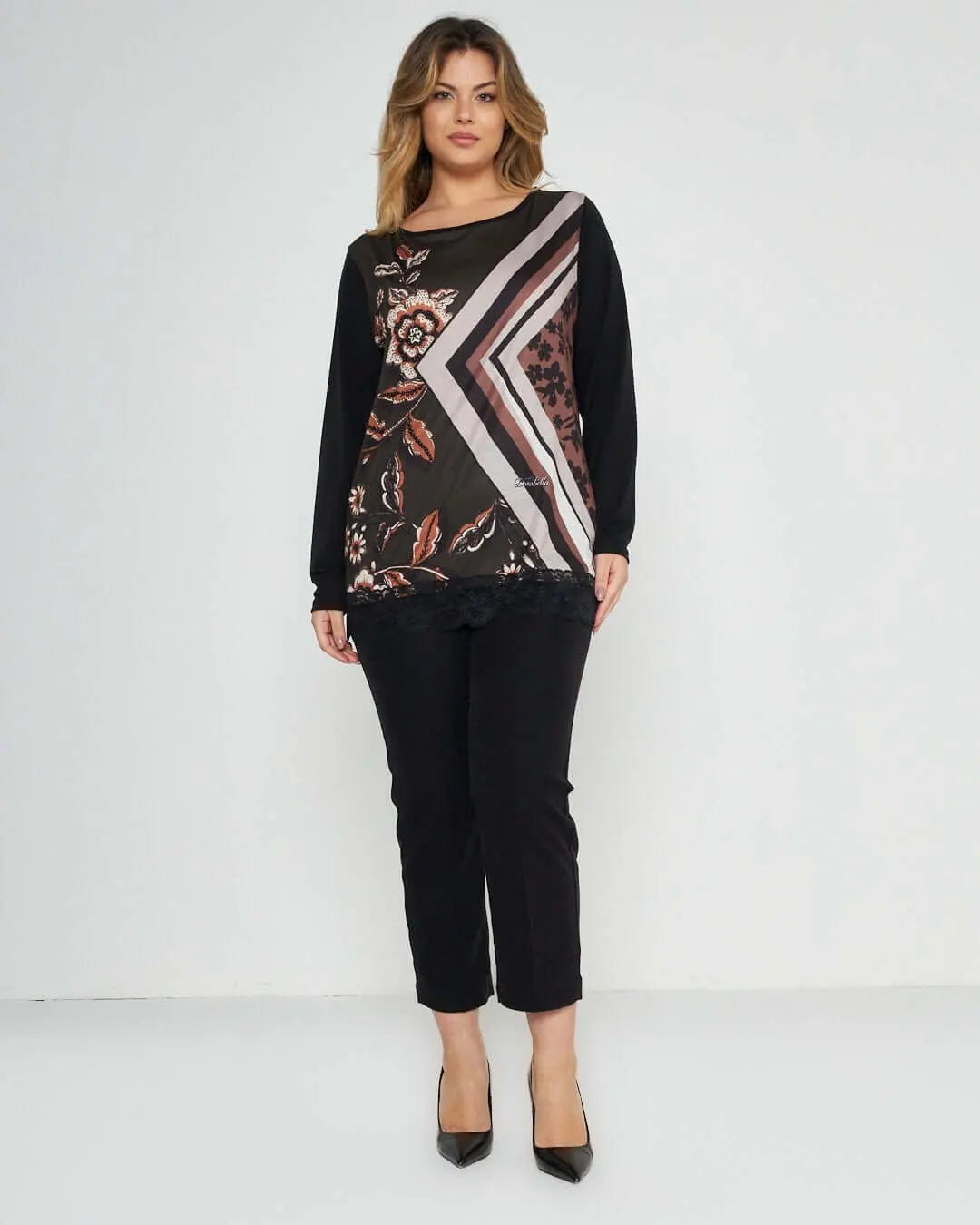 Maglia fantasia con pizzo NERO-VERDE DORABELLA PIU'