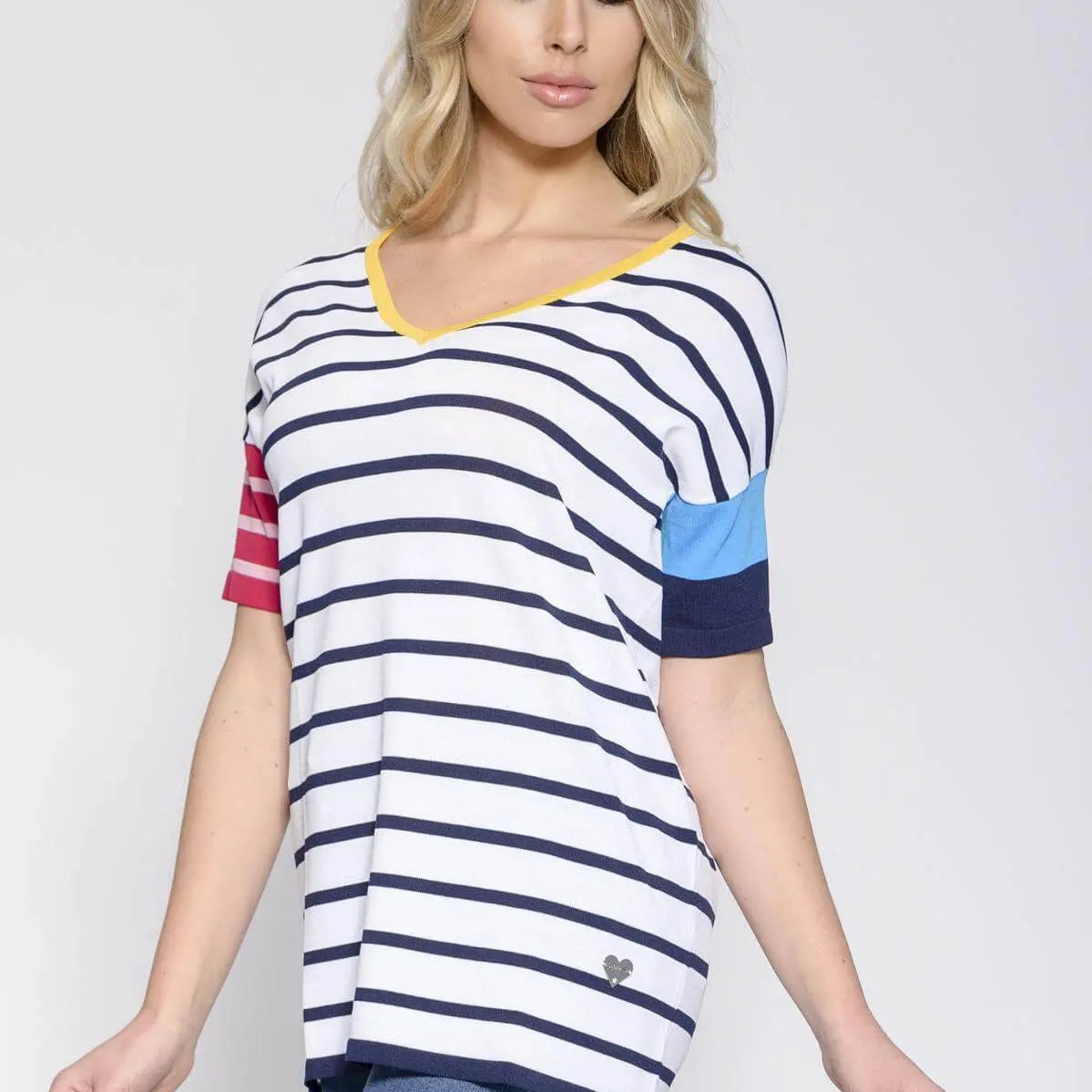 Maglia fantasia righe scollo a V BIANCO DORABELLA XL