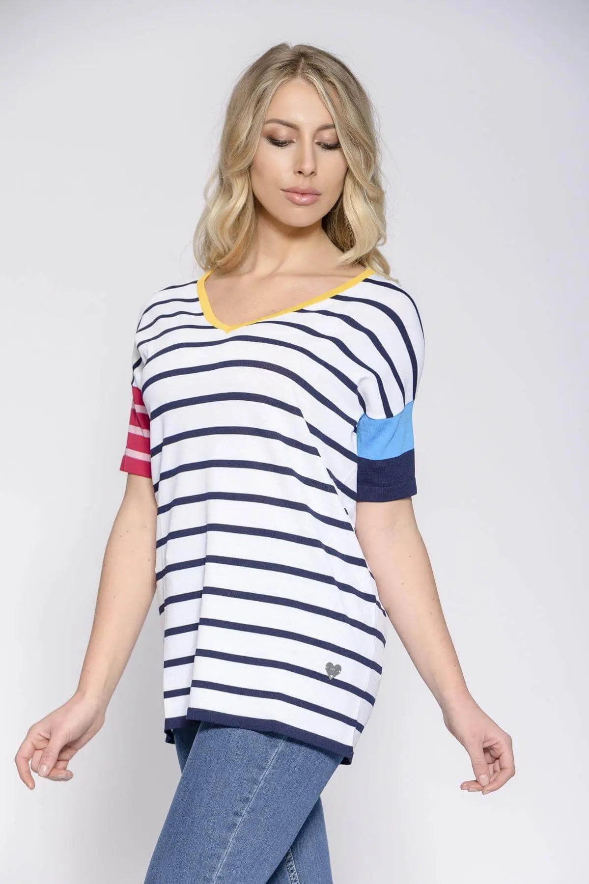 Maglia fantasia righe scollo a V BIANCO DORABELLA XL