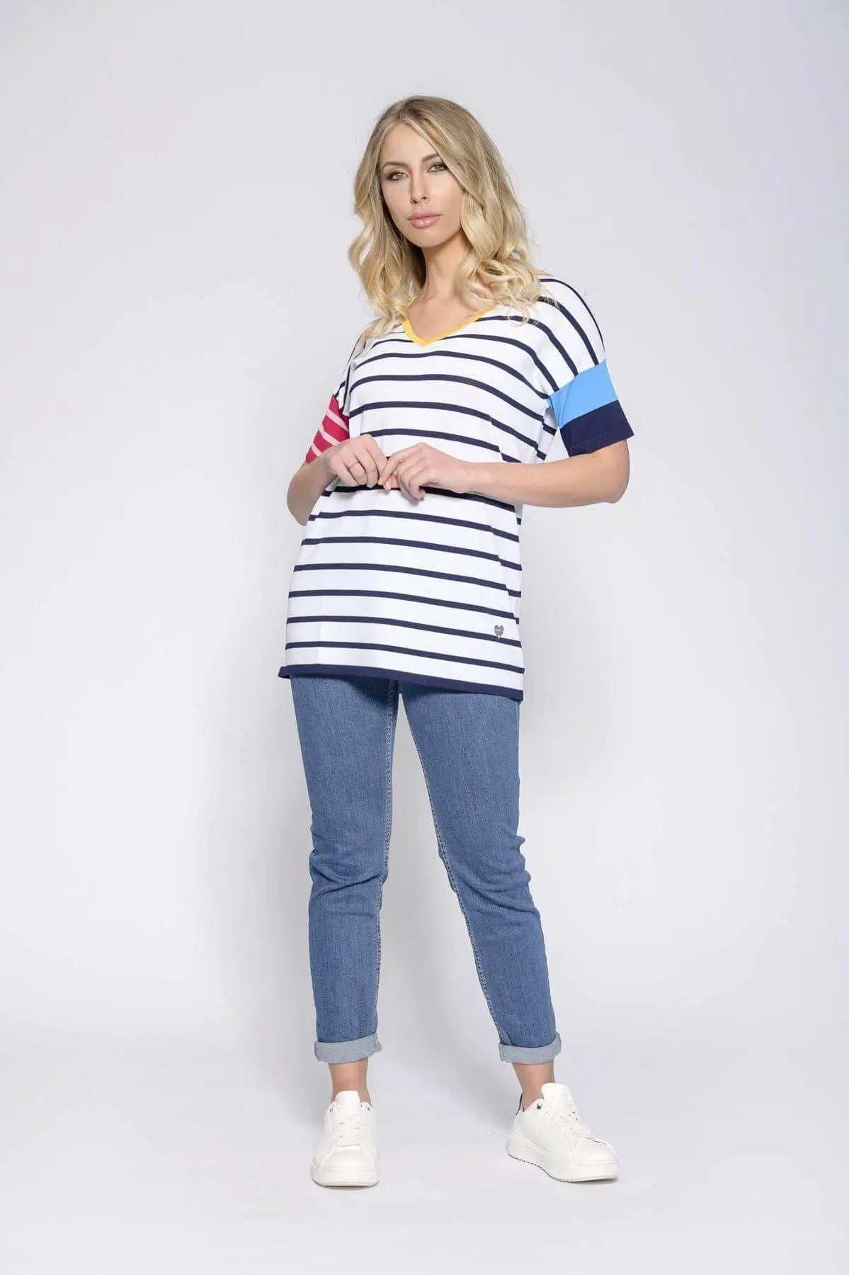 Maglia fantasia righe scollo a V BIANCO DORABELLA