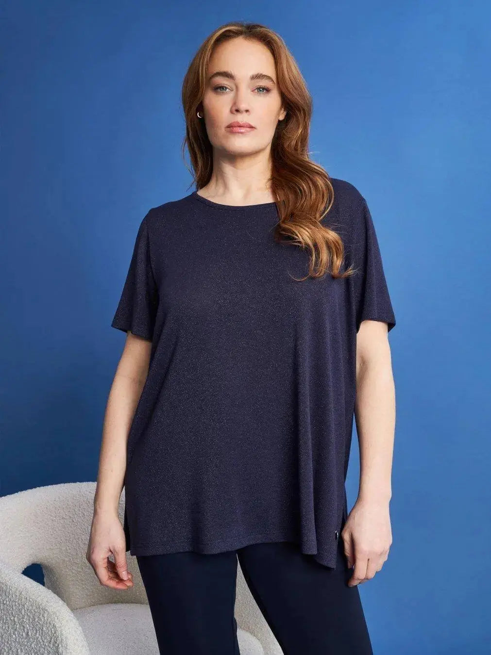 Maglia girocollo a maniche corte in filato lurex di viscosa elasticizzata BLU DORABELLA PIU' 49