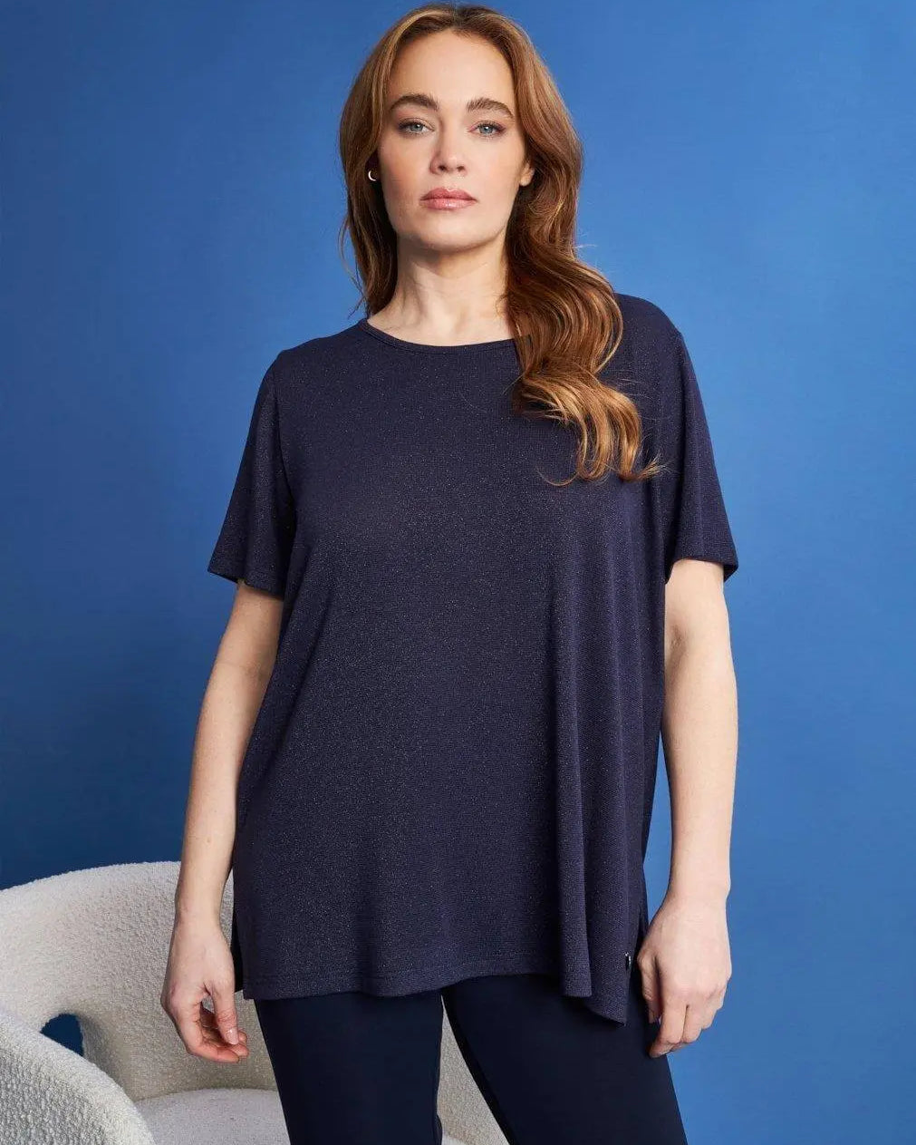 Maglia girocollo a maniche corte in filato lurex di viscosa elasticizzata BLU DORABELLA PIU' 49