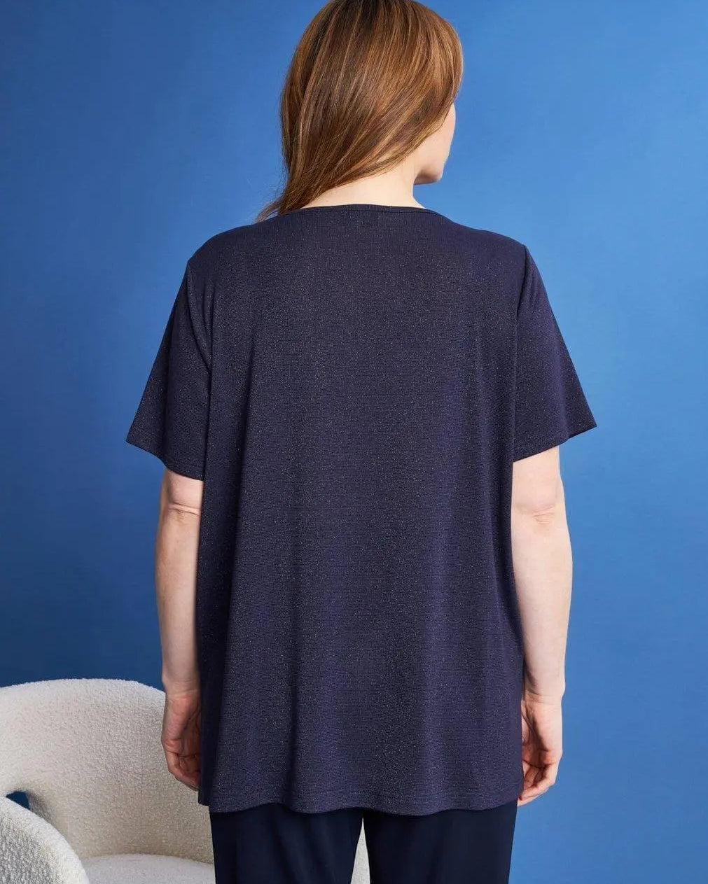 Maglia girocollo a maniche corte in filato lurex di viscosa elasticizzata BLU DORABELLA PIU'