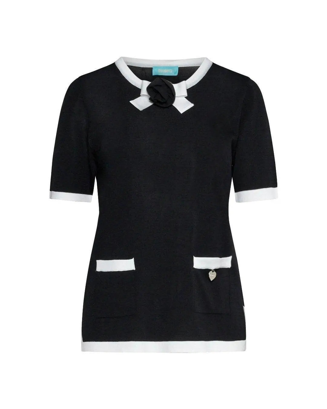 Maglia girocollo in filato di misto viscosa con bordi a contrasto e rosa in tessuto NERO DORABELLA