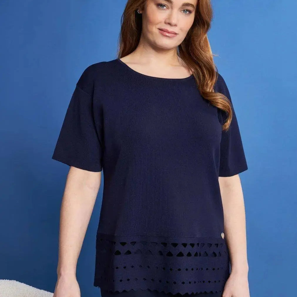 Maglia girocollo in filato di misto viscosa con intagli sul fondo BLU DORABELLA PIU' XXL
