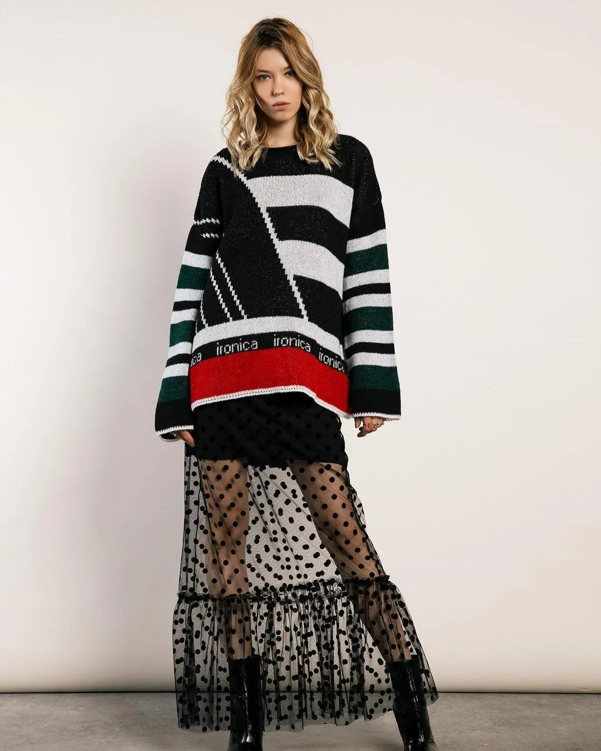 Maglia girocollo logata BIANCO-ROSSO IRONICA