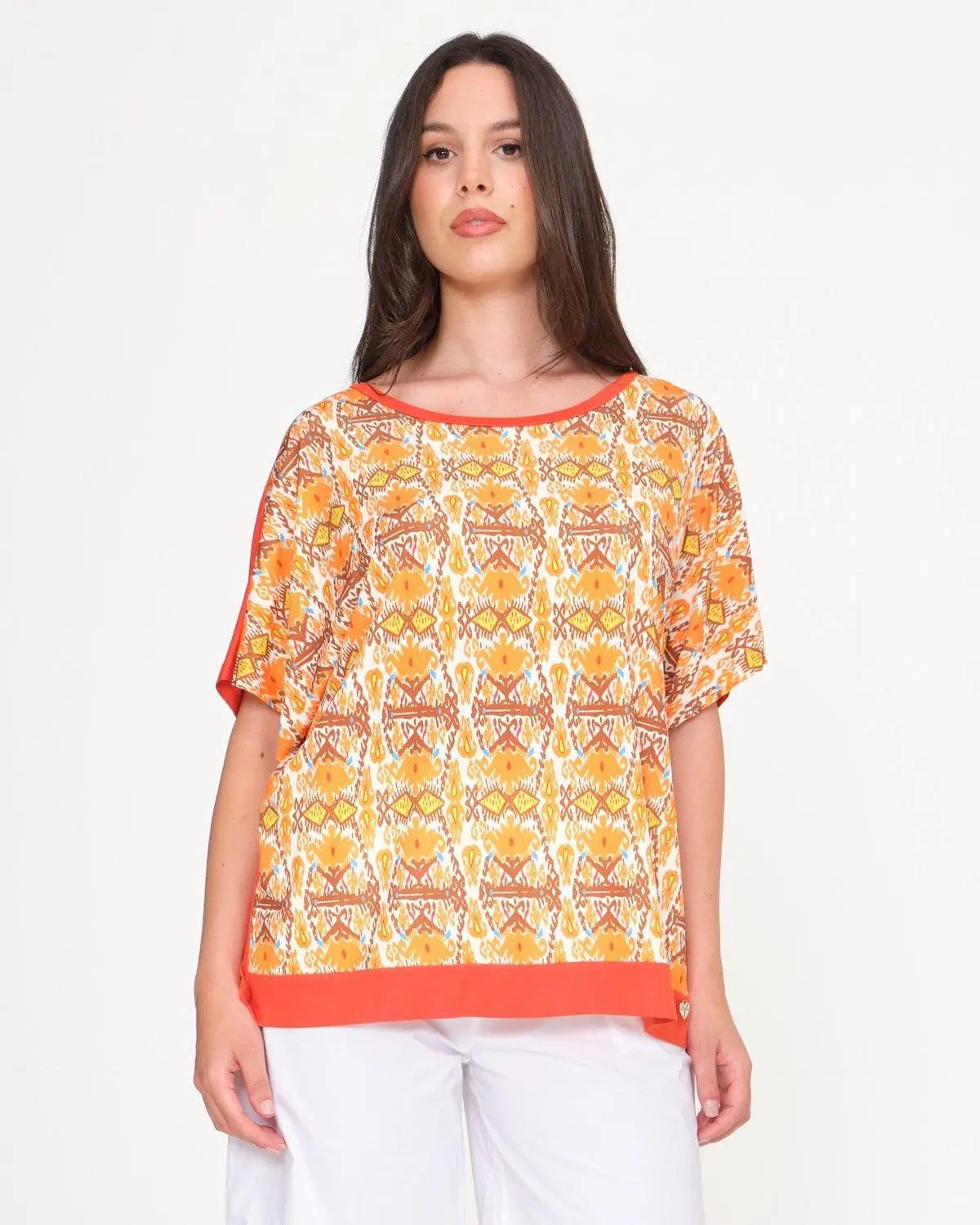 Maglia in fantasia con bottoni gioiello ARANCIO DORABELLA