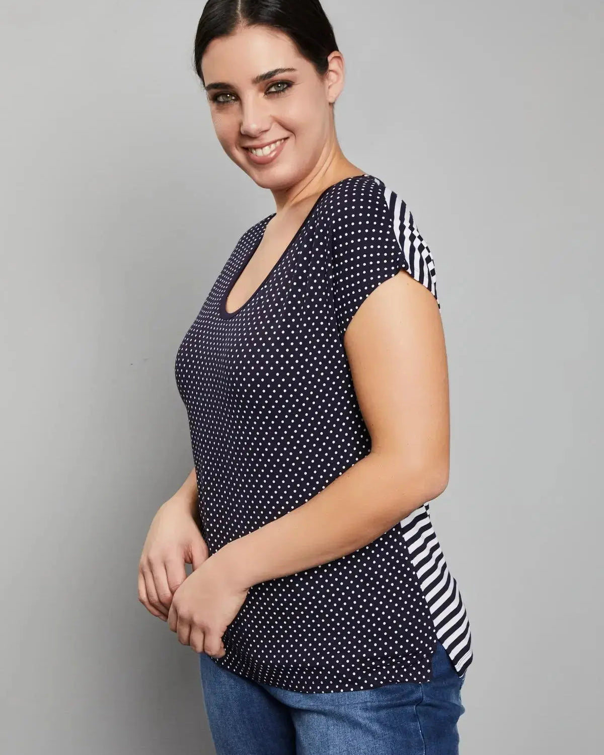 Maglia in viscosa fantasia pois/righe BLU-NAVY DORABELLA PIU'