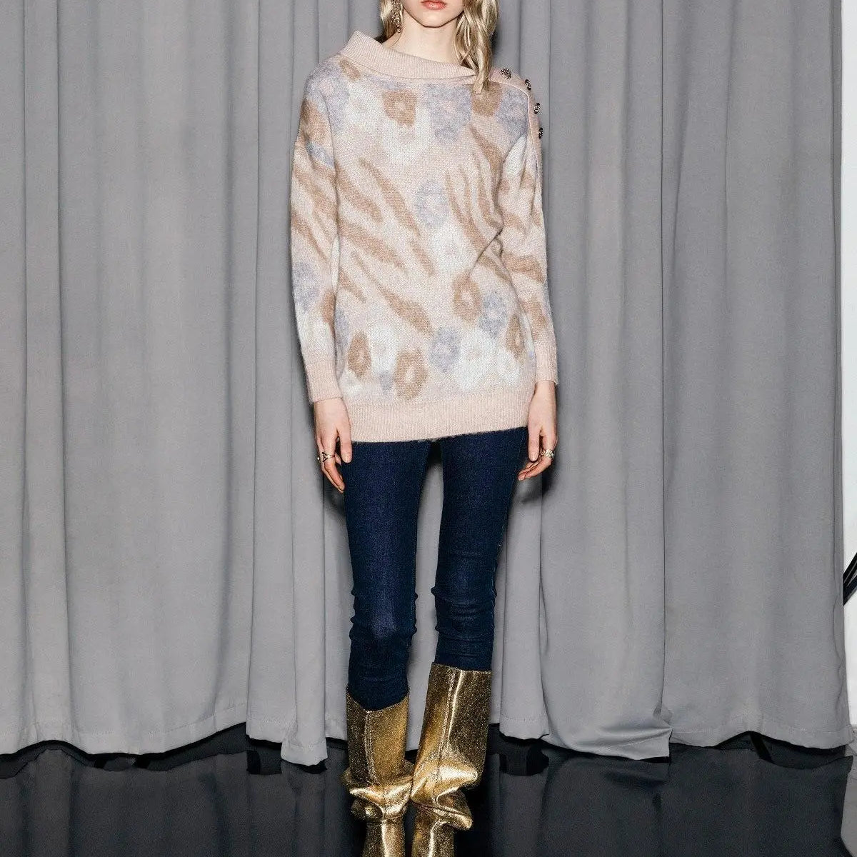 Maglia maxi fantasia con dettaglio BEIGE IRONICA 3