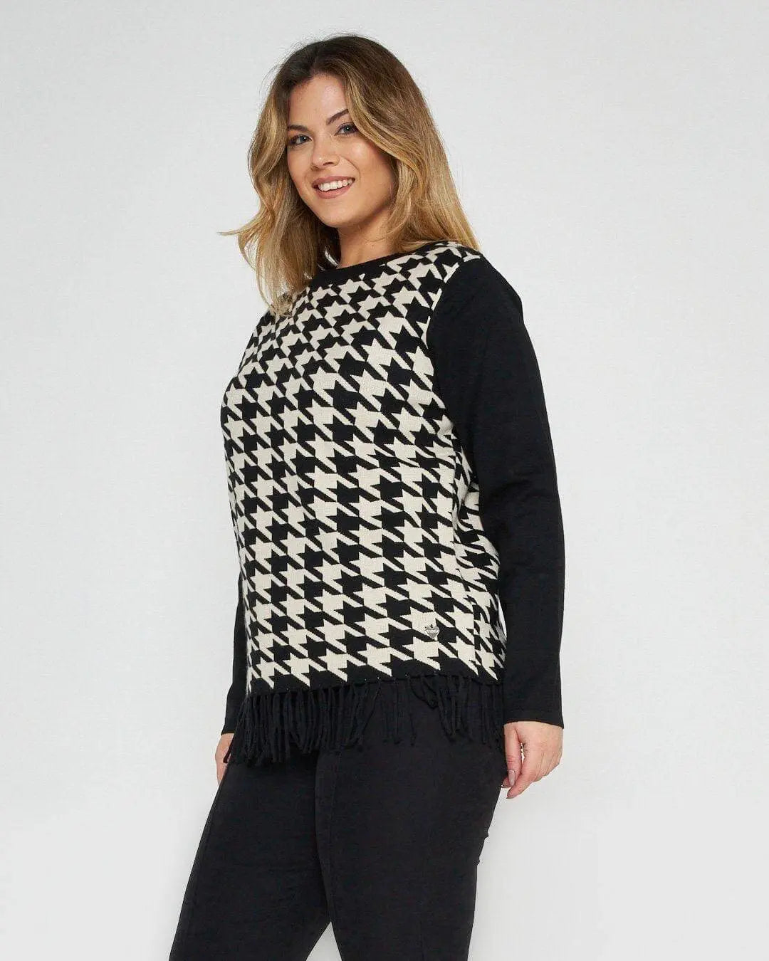 Maglia pied de poule con frange NERO DORABELLA XXL