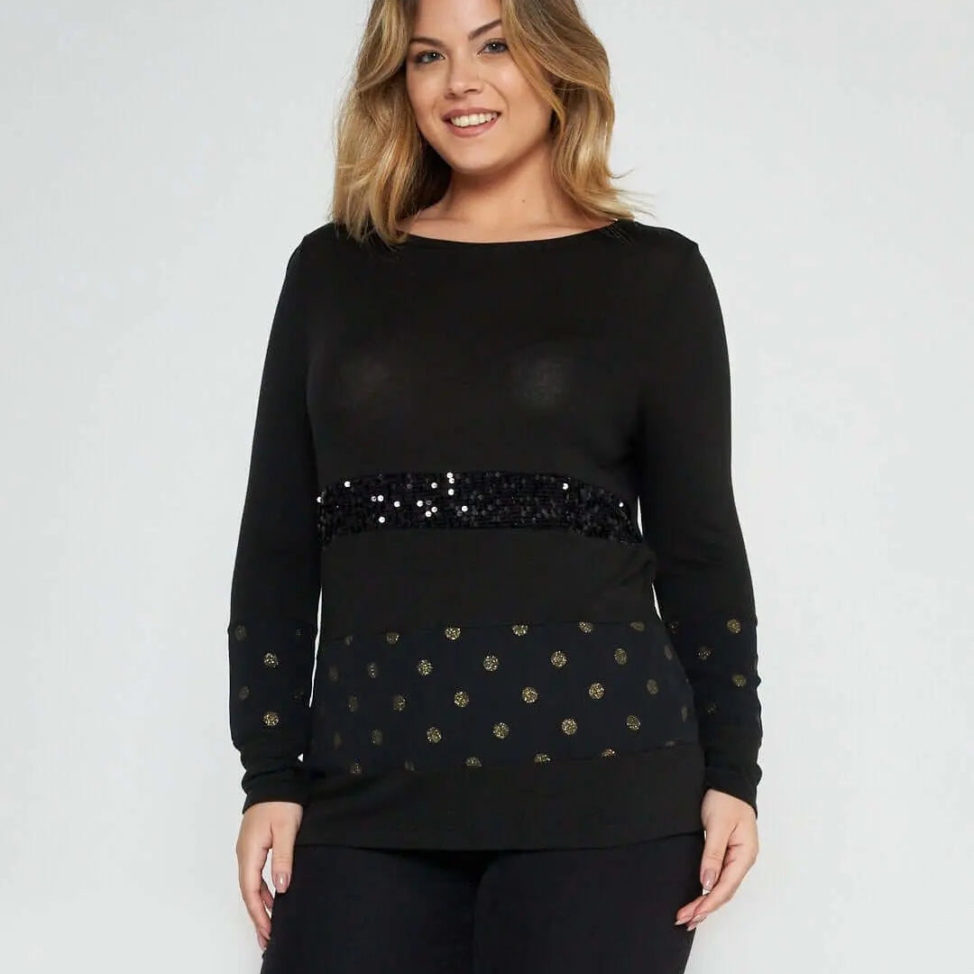Maglia pois e paillettes NERO-ORO DORABELLA XXL
