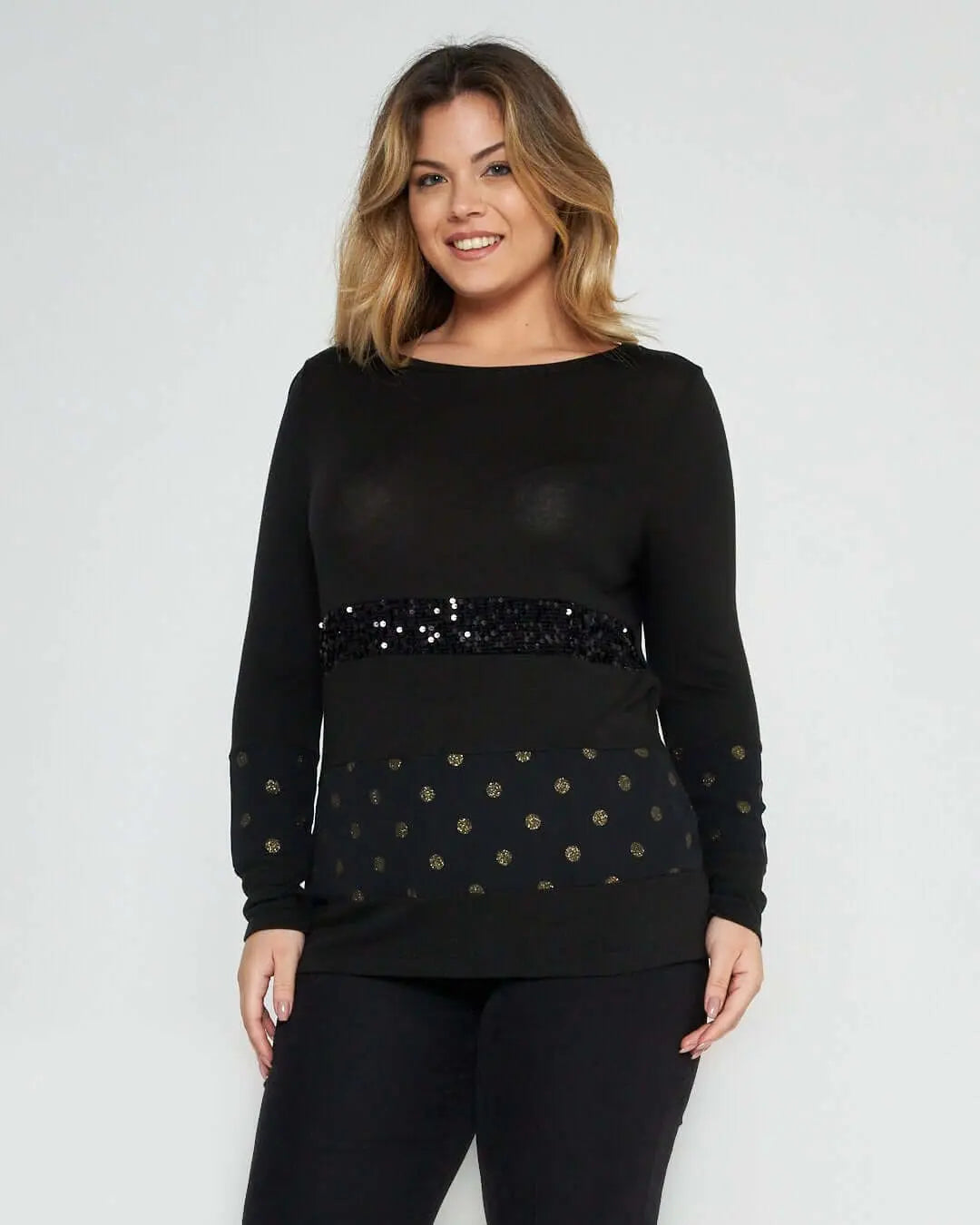 Maglia pois e paillettes NERO-ORO DORABELLA XXL