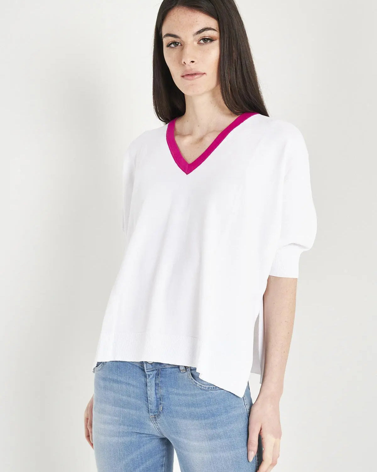 Maglia scollo a V bicolore BIANCO IRONICA