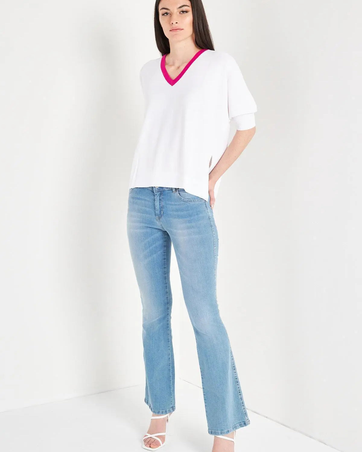 Maglia scollo a V bicolore BIANCO IRONICA