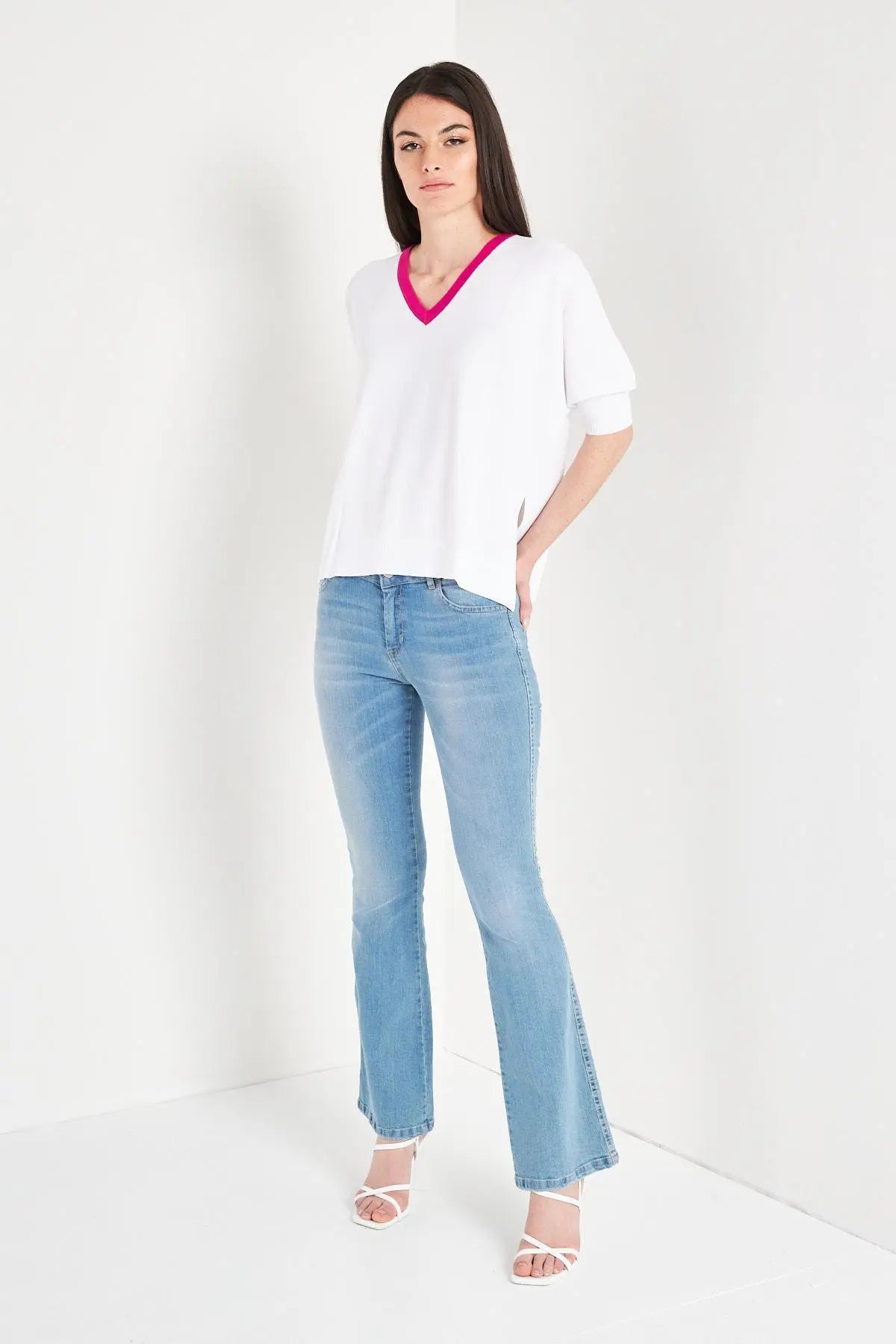 Maglia scollo a V bicolore BIANCO IRONICA