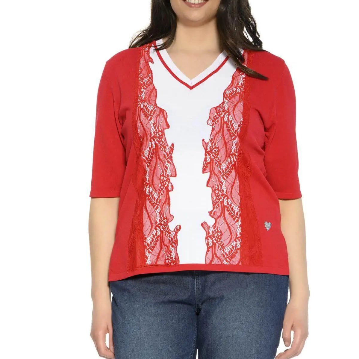 Maglia scollo a V e pizzo ROSSO DORABELLA PIU' XL