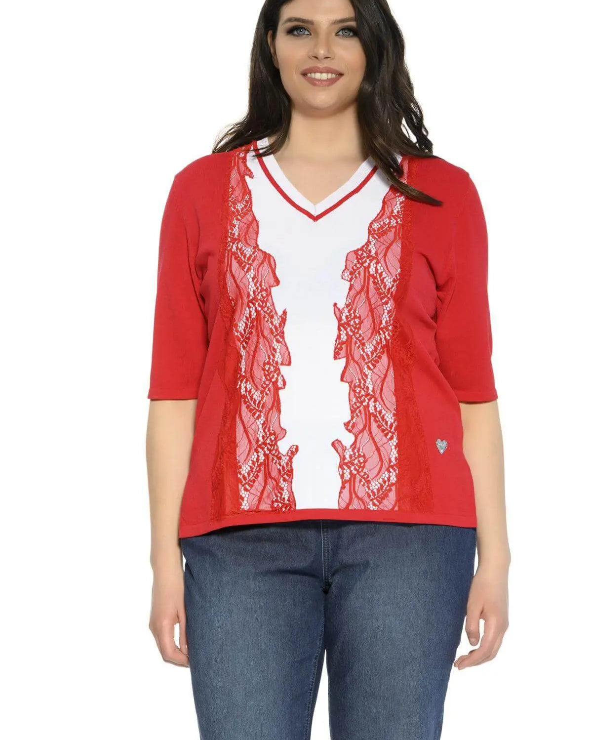 Maglia scollo a V e pizzo ROSSO DORABELLA PIU' XL