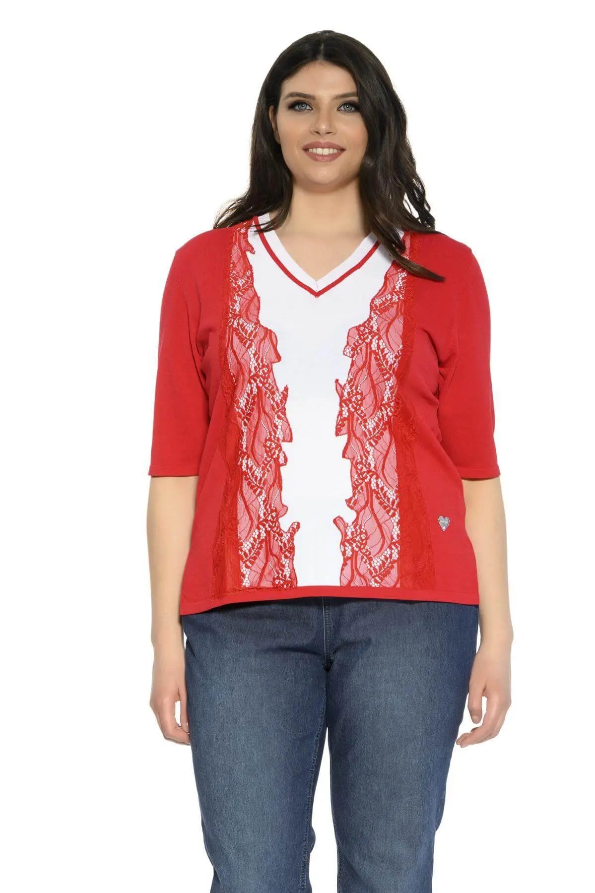Maglia scollo a V e pizzo ROSSO DORABELLA PIU' XL