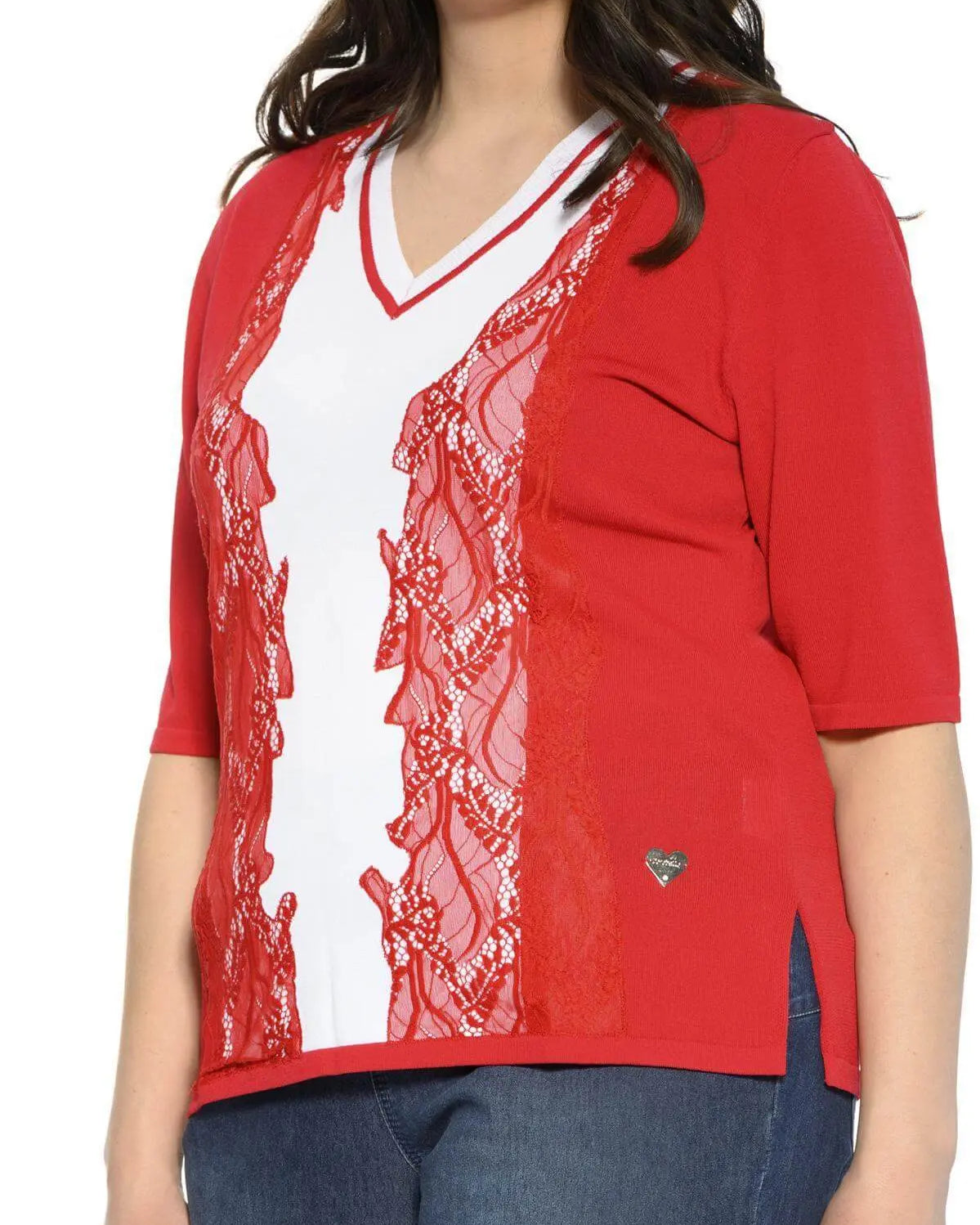 Maglia scollo a V e pizzo ROSSO DORABELLA PIU'