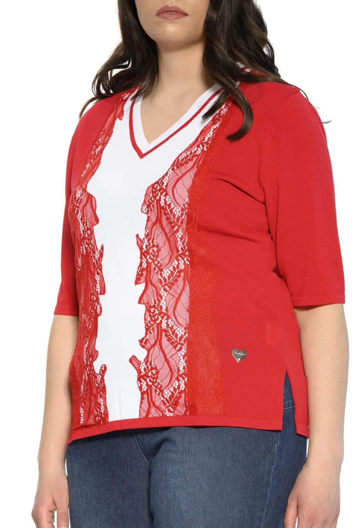 Maglia scollo a V e pizzo ROSSO DORABELLA PIU'