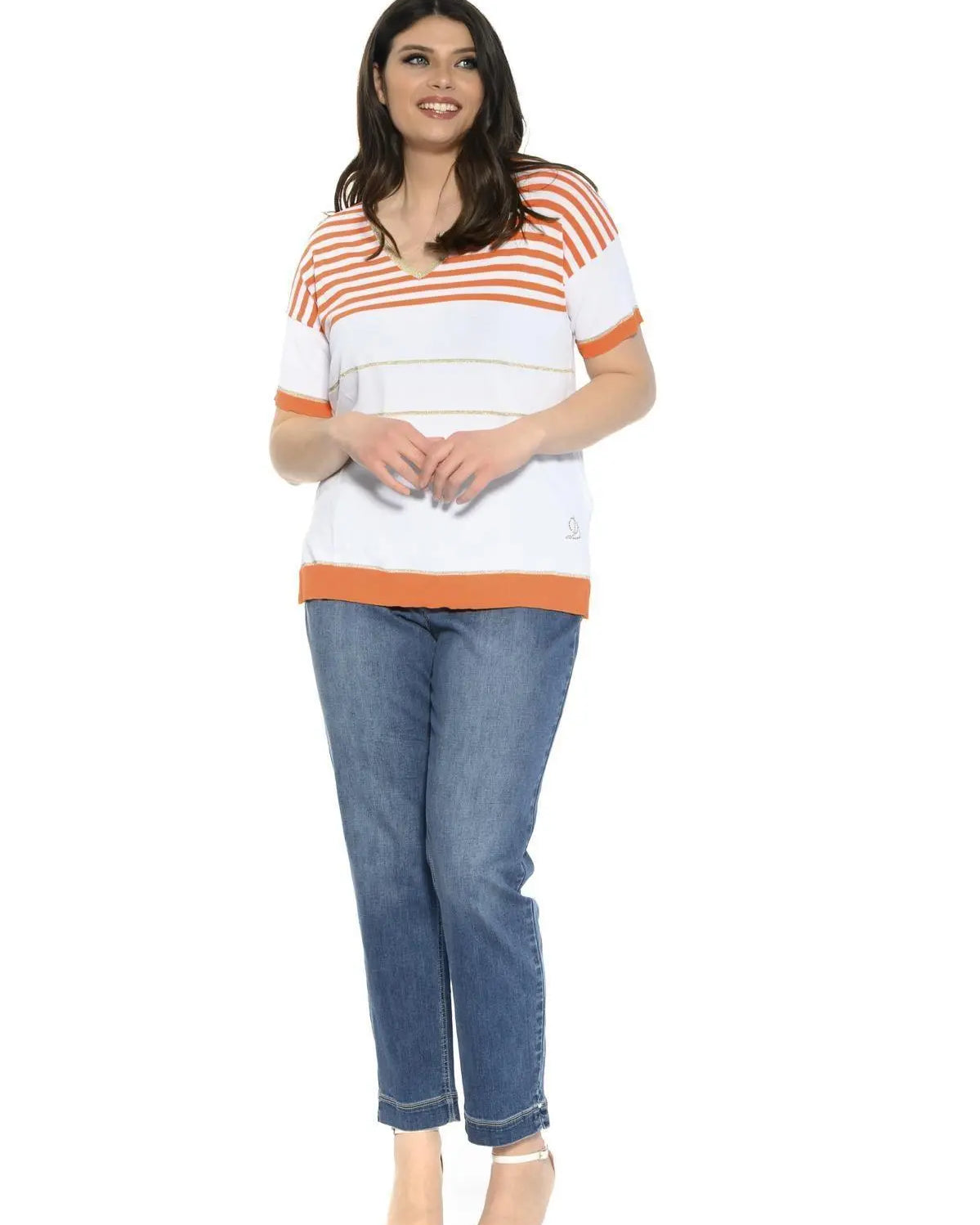 Maglia scollo a V fantasia a righe ARANCIO DORABELLA PIU'