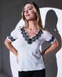 Maglia scollo a V in filato di viscosa con inserti in pizzo BIANCO DORABELLA XL