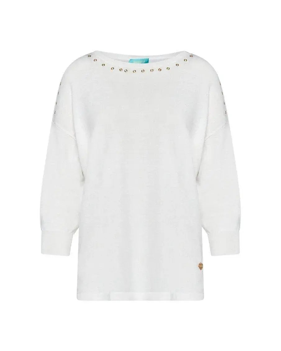 Maglia scollo a barca in filato di misto viscosa con borchie BIANCO DORABELLA