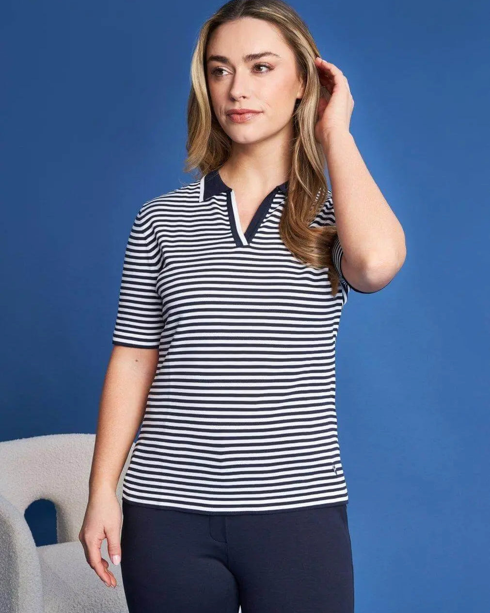 Polo a maniche corte in maglia jacquard a righe di misto viscosa BLUE NAVY DORABELLA XL
