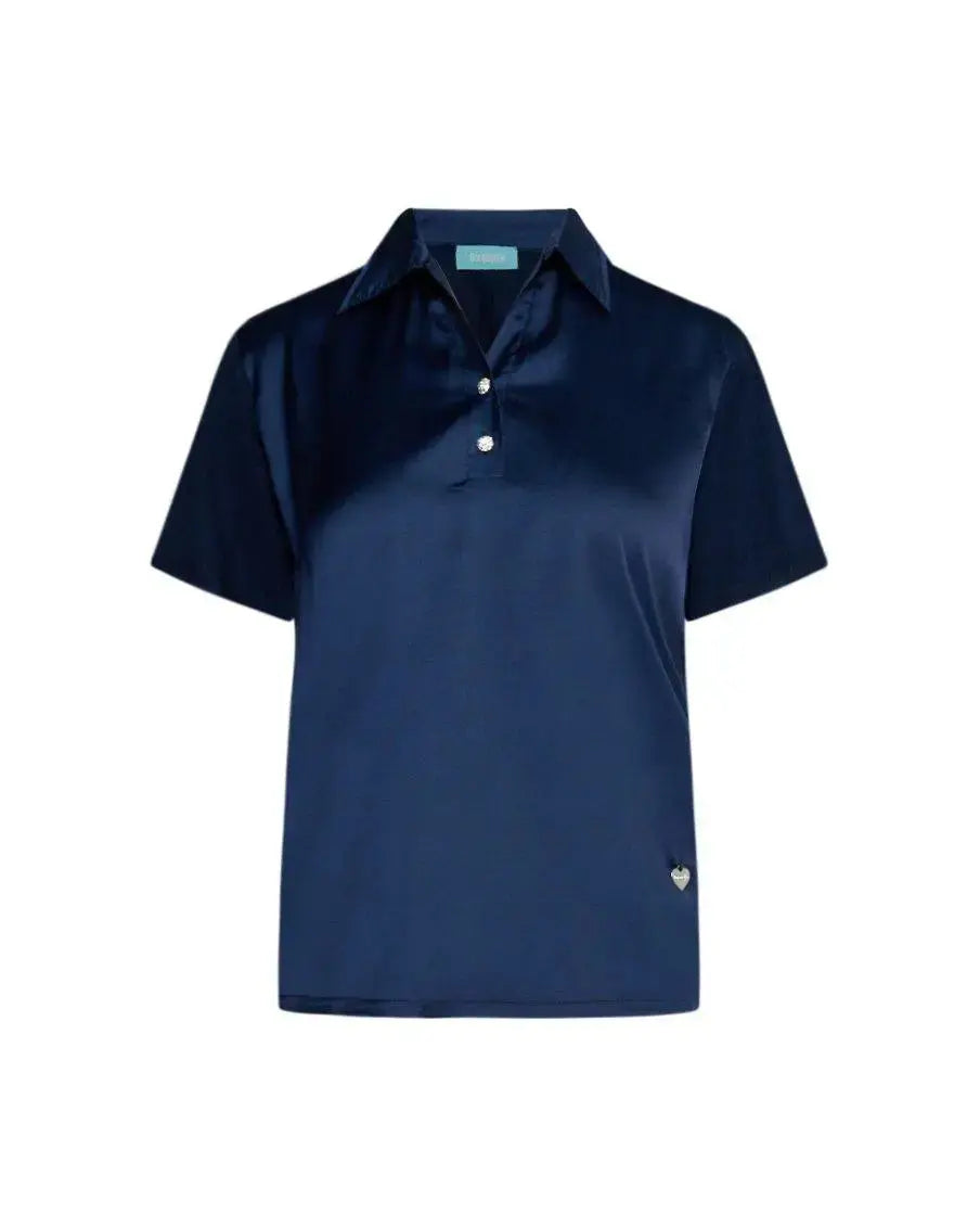 Polo con bottoni gioiello in raso con retro e maniche in jersey BLU DORABELLA