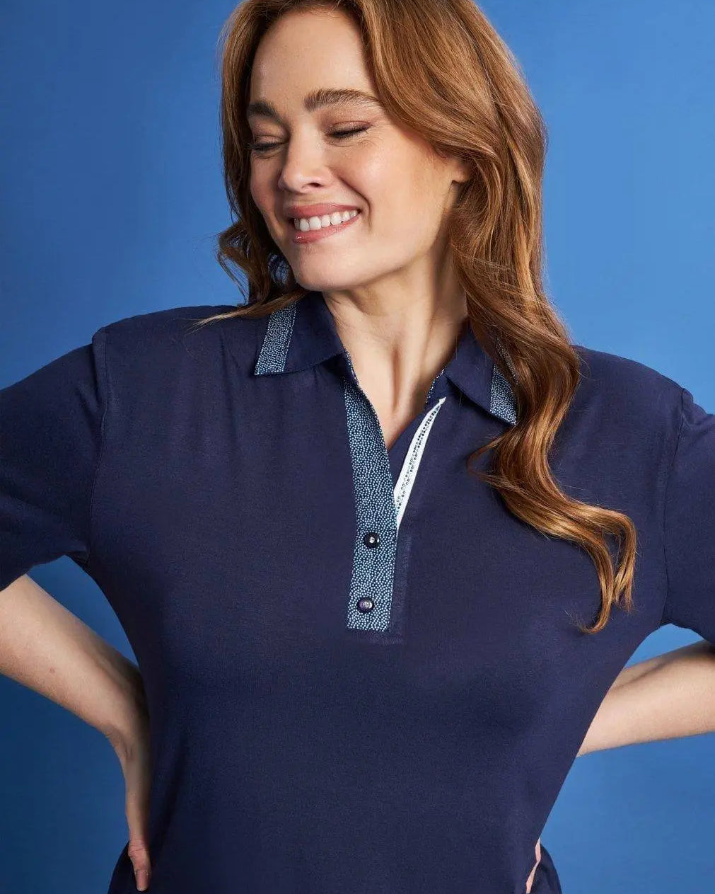 Polo in jersey di viscosa elasticizzata con inserti stampa pois BLU DORABELLA PIU'