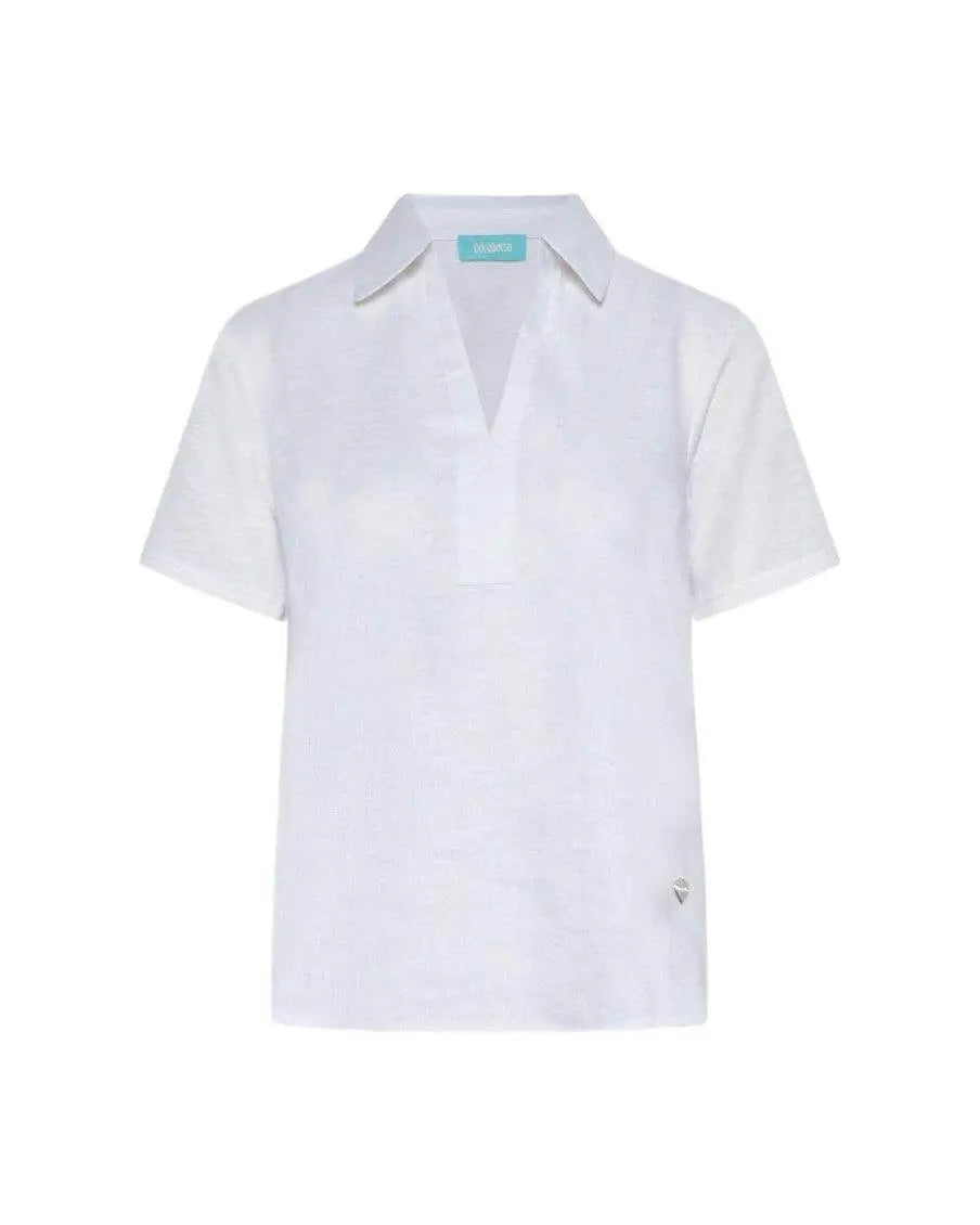 Polo scollo a V in lino con retro e maniche in jersey BIANCO DORABELLA