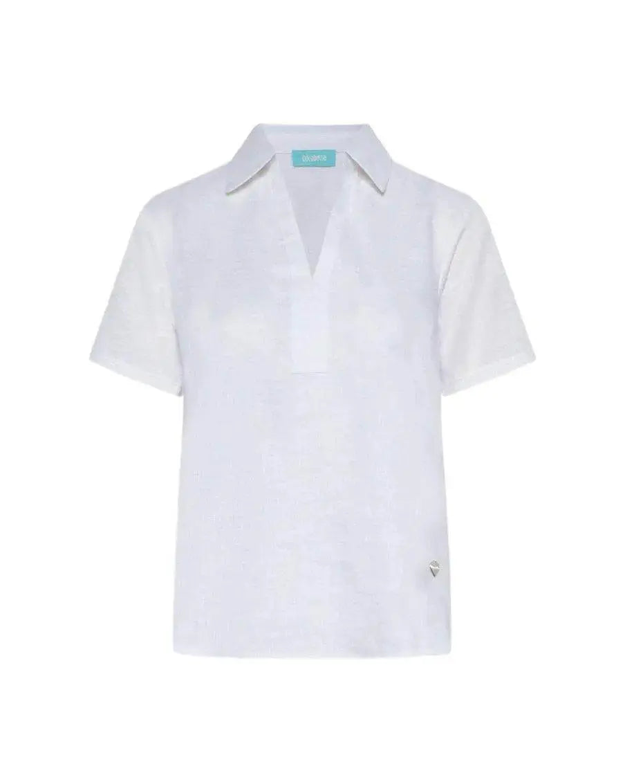 Polo scollo a V in lino con retro e maniche in jersey BIANCO DORABELLA