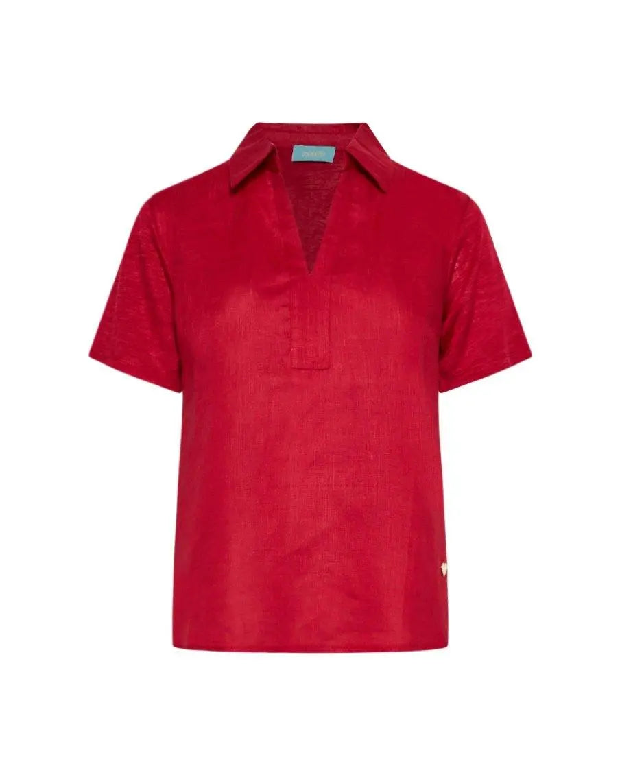 Polo scollo a V in lino con retro e maniche in jersey RED DORABELLA