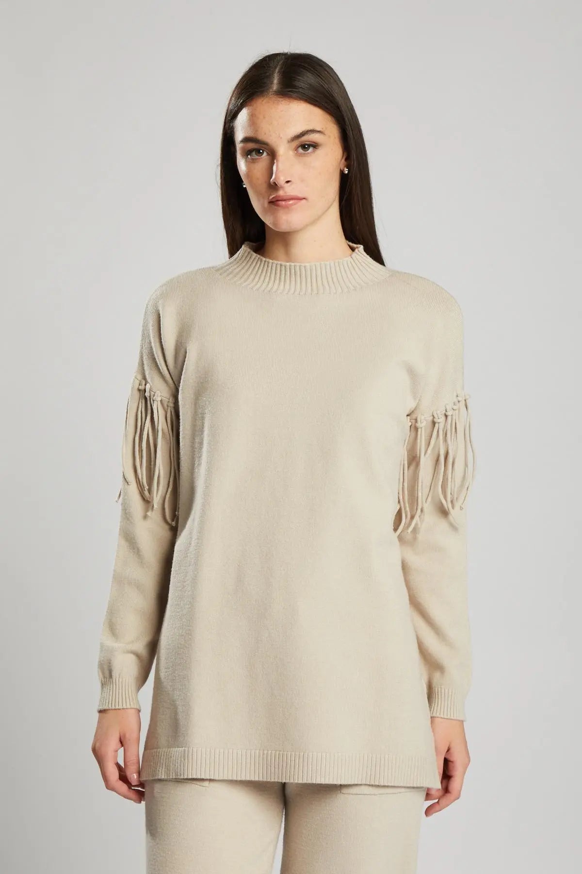 Pullover in maglia con frange BEIGE IRONICA