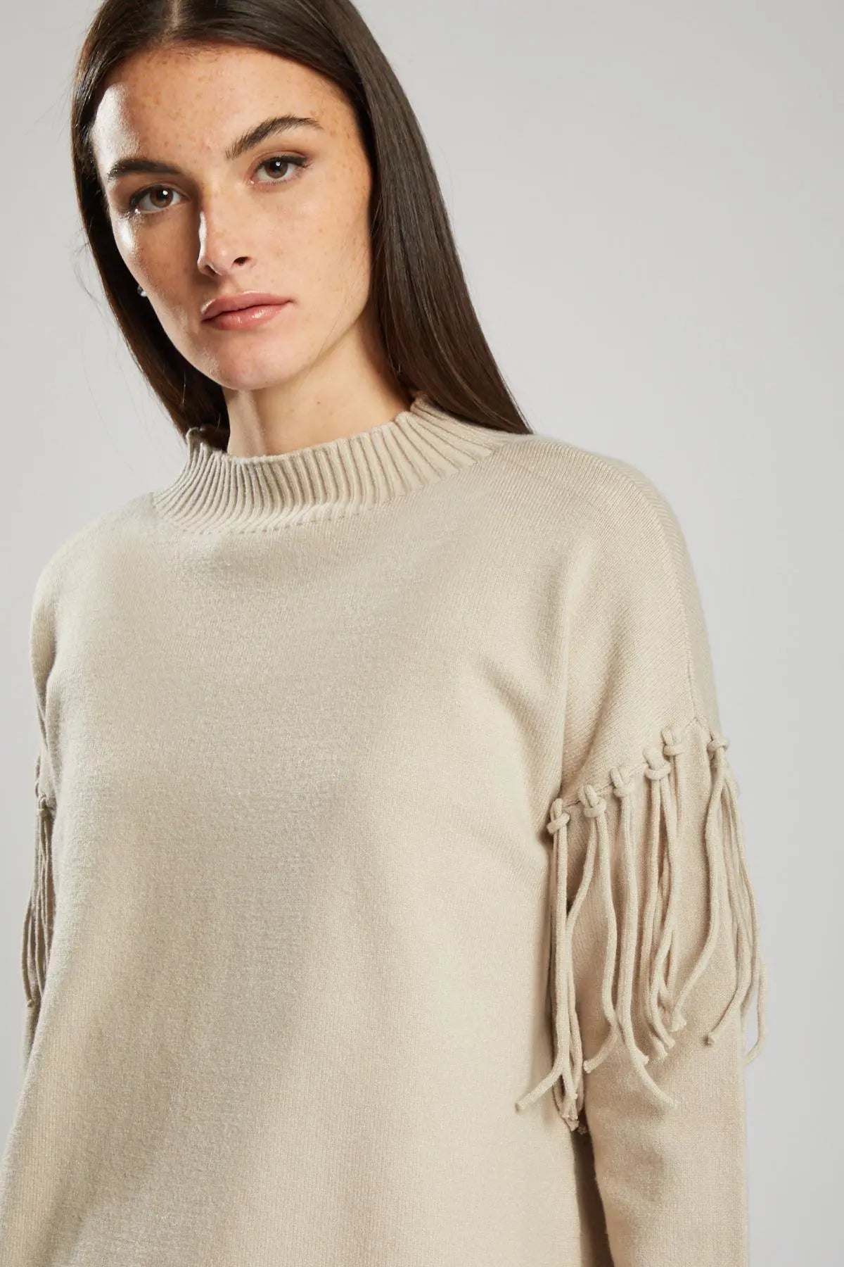 Pullover in maglia con frange BEIGE IRONICA