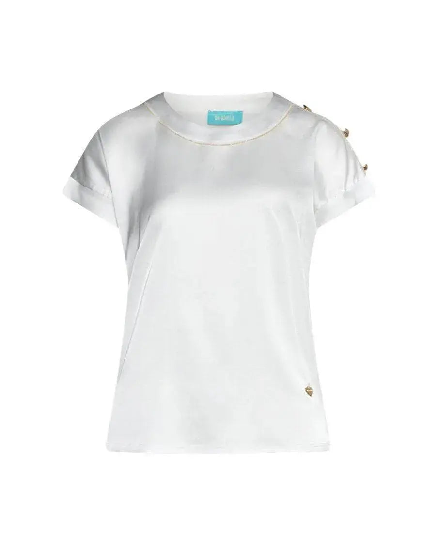 T-shirt combinata in raso e in jersey con micro catena e bottoni BIANCO DORABELLA