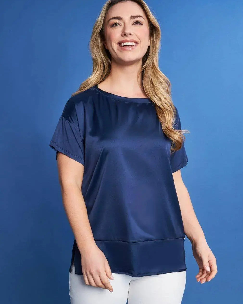 T-shirt con scollo a barca in raso elasticizzato con retro in jersey BLU DORABELLA XL