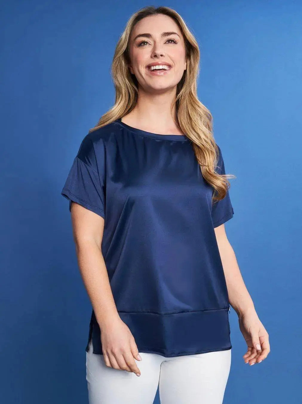 T-shirt con scollo a barca in raso elasticizzato con retro in jersey BLU DORABELLA XL