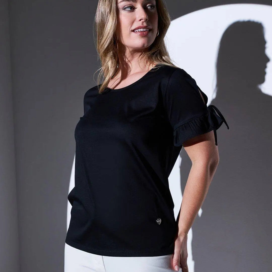 T-shirt girocollo in jersey di cotone e viscosa con fiocchi e rouches al fondo manica BLACK DORABELLA XXXL