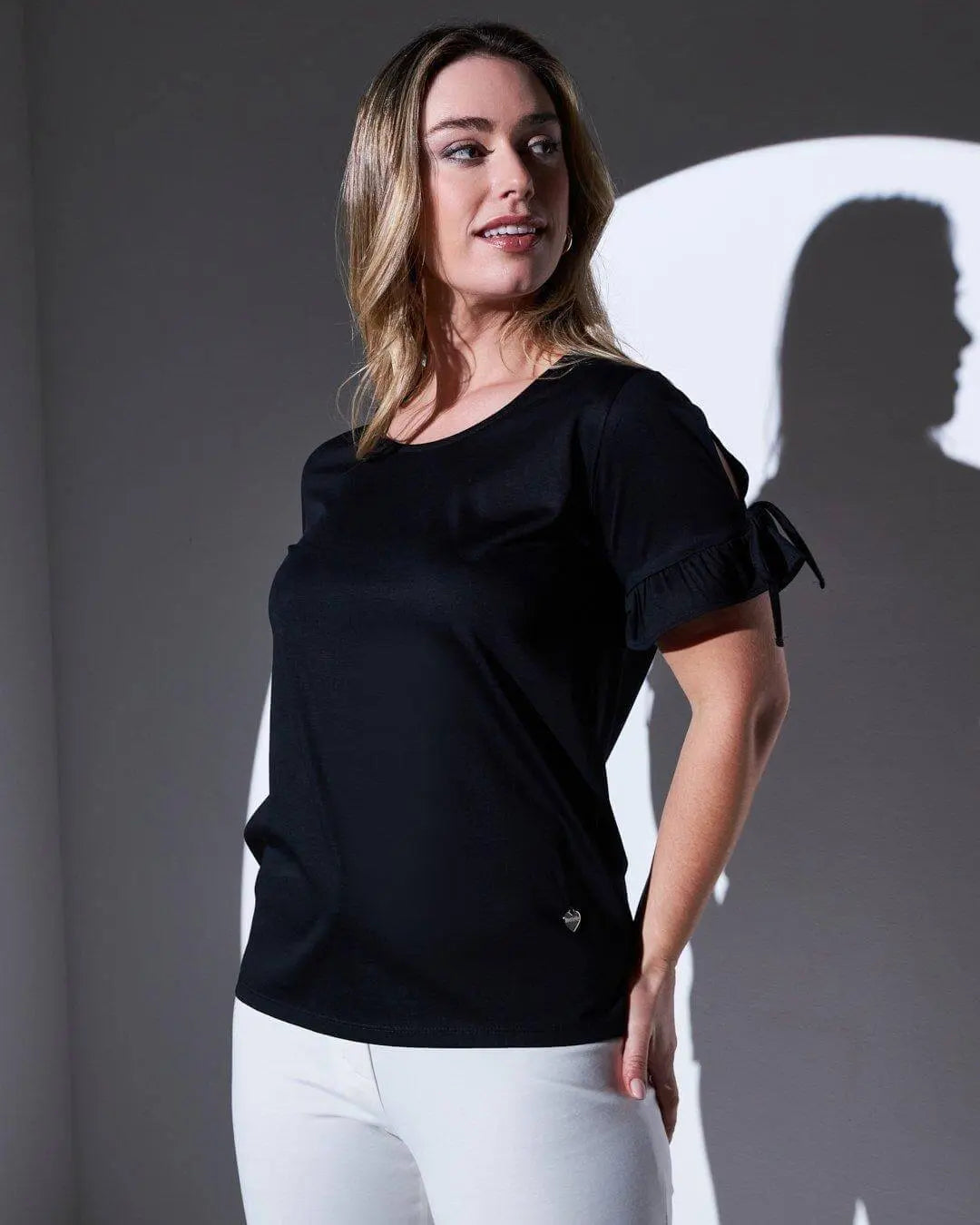 T-shirt girocollo in jersey di cotone e viscosa con fiocchi e rouches al fondo manica BLACK DORABELLA XXXL