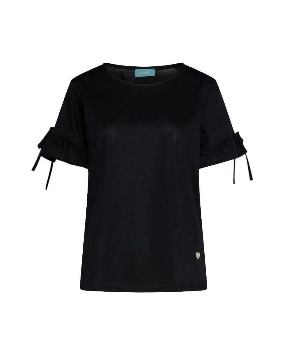 T-shirt girocollo in jersey di cotone e viscosa con fiocchi e rouches al fondo manica BLACK DORABELLA