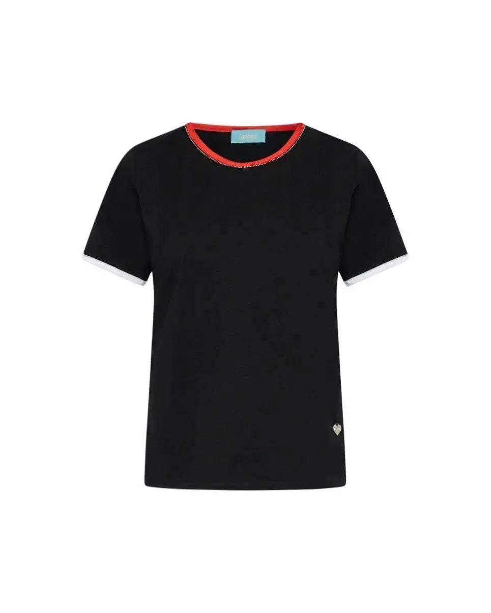 T-shirt girocollo in jersey di cotone elasticizzato con profili in raso e micro catena BLACK DORABELLA