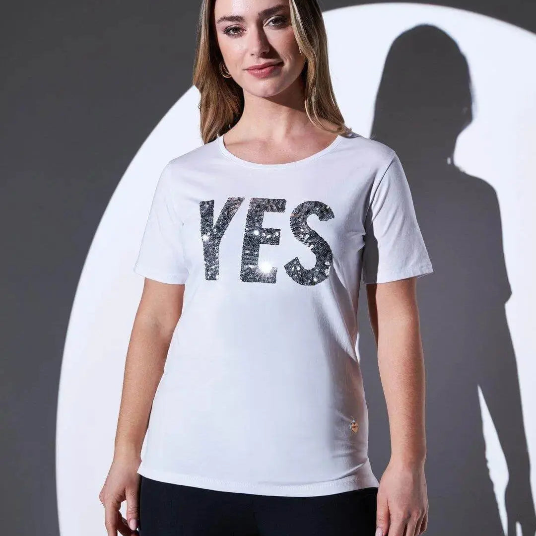 T-shirt girocollo in jersey di cotone elasticizzato con slogan in paillettes BIANCO DORABELLA XL