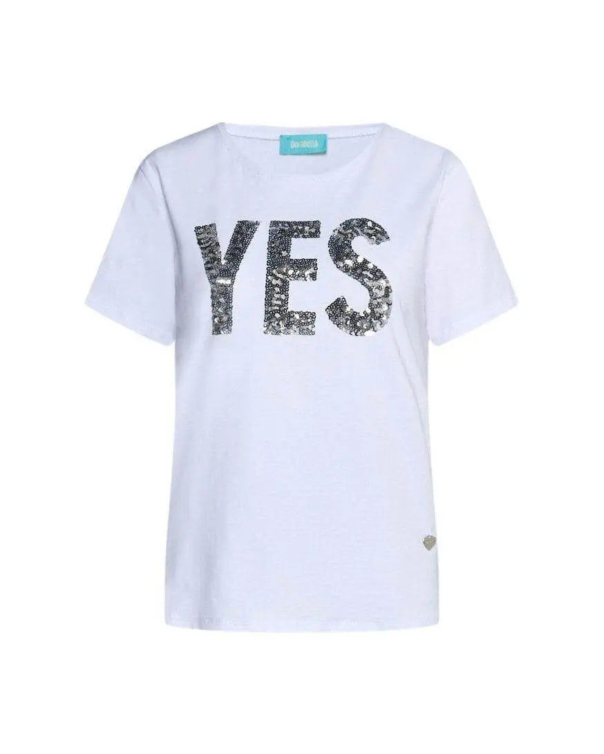 T-shirt girocollo in jersey di cotone elasticizzato con slogan in paillettes BIANCO DORABELLA